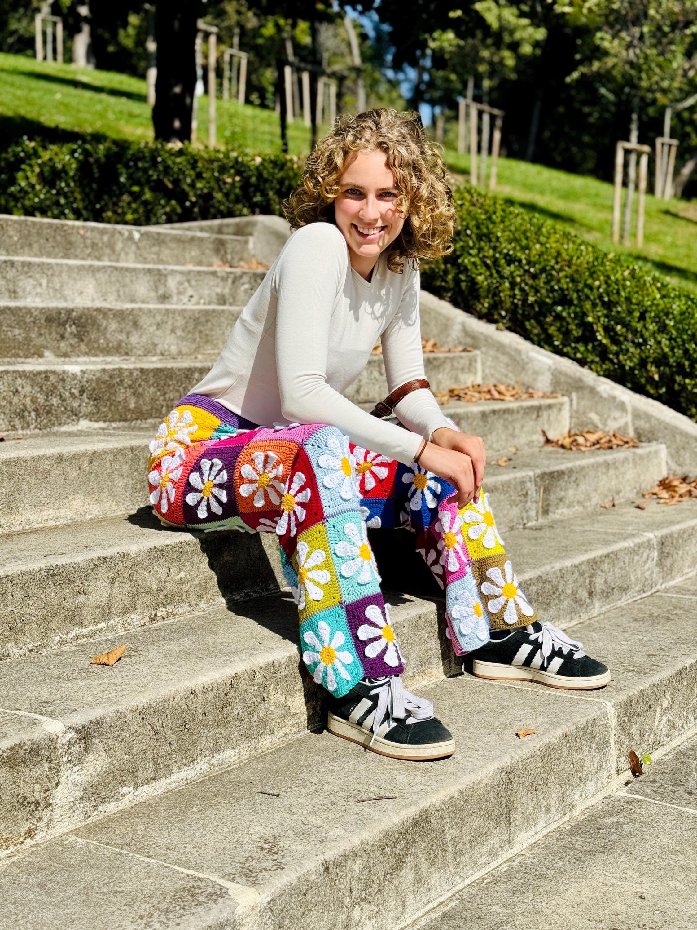 【COLOR iN ID】Daisy Knit Crochet Pants Crochet Daisy Pants, Knitted Flowers Retro Pants, Festival