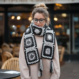 Black and white crochet Long scarf, Colorful Knit Scarf, Cozy Cotton Winter Accessory, Unique Granny Square Design, Great Gift Idea!