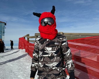 Knitted Devil horn mask, devil horn crochet Black balaclava, ski winter balaclava, crochet ski helmet balaclava, knit helmet balaclava