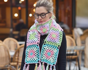 Colorful Crochet Afghan Scarf, Multicolor Knitted Handmade Scarf for Women, Vintage Style Winter Accessory, Perfect knit Gift