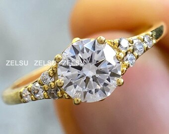 1ct Moissanite diamond Round cut pave setting Engagement Ring, round diamond ring round band ring for her, 1ct diamond Ring anniversary gift