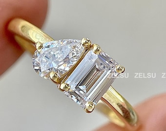 1.59 TW Toi et Moi Ring, 14k Solid Gold Pear and Emerald Cut Moissanite Engagement Ring, Double Stone Ring, Promise Ring for Women