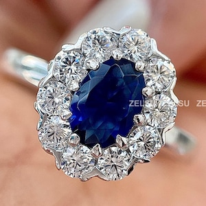 14k Solid Gold Sapphire Oval Solitaire Ring,  Blue Sapphire Moissanite Engagement Ring, September Birthstone Ring, Princess Diana Kate