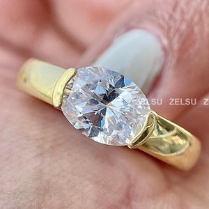 2 CT Oval Cut Engagement Ring, East-West Oval Cut Moissanite Engagement ring of Half Bezel Set , Solitaire Wedding Ring, Gift For Her