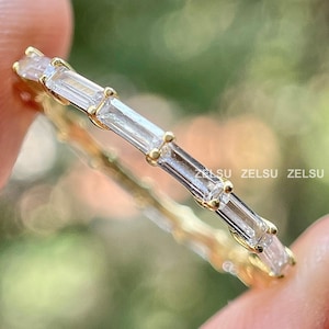 Minimalist Band Ring, 1.02 CT Baguette Cut Colorless Moissanite Full Eternity Wedding Stackable Band, Delicate Baguette Cut Band For Women
