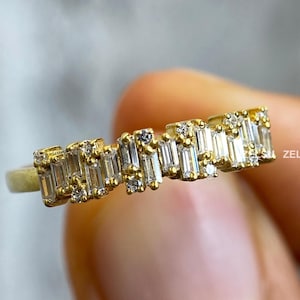 Half Eternity Moissanite Engagement Band/ Baguette Moissanite Wedding Band/ Colorless Moissanite Proposal Band/ Stackable Moissanite Band