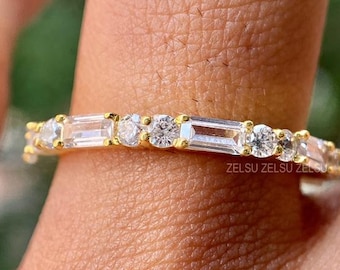 0.65 TCW Baguette and Round Colorless Moissanite Wedding Band, Half Eternity Band, Anniversary Gifts, Yellow Gold Band, Stackable Band