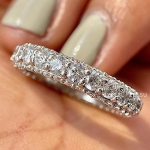 Round Moissanite Bridal Band/ Colorless Moissanite Engagement Band/ Three Row Set Moissanite Wedding Band/ Pave Set Moissanite Eternity Band