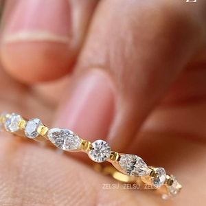 Alternating Marquise and Round Moissanite Wedding Band, 14K Eternity Band, Dainty Stackable Ring, Diamond Band, Bridal Anniversary Band