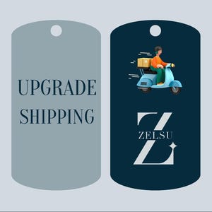 May include: Two stylized tags. The left tag is light blue with the words "UPGRADE SHIPPING" in dark blue. The right tag is dark blue with a delivery person on a light blue scooter and the ZELSU logo.