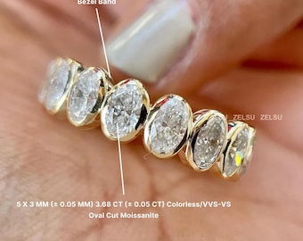 Bezel Set Oval Cut Moissanite Wedding Band, Full Eternity Stacking Band, Minimalist Anniversary Band, Unique Gold Jewelry For Girlfriend
