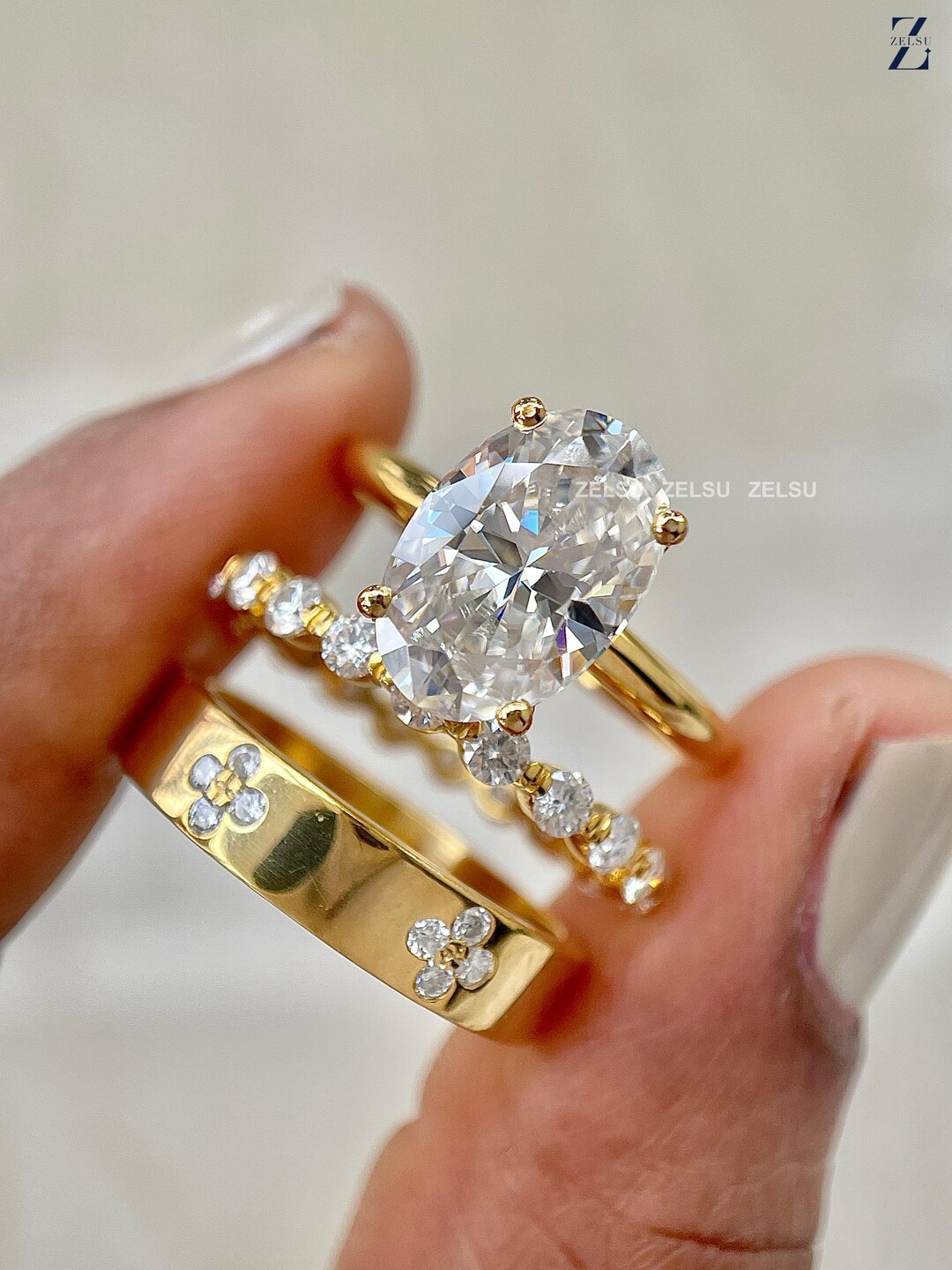 3 CT Oval Cut Moissanite Engagement Ring Set 14K Gold Bridal Ring Set ...