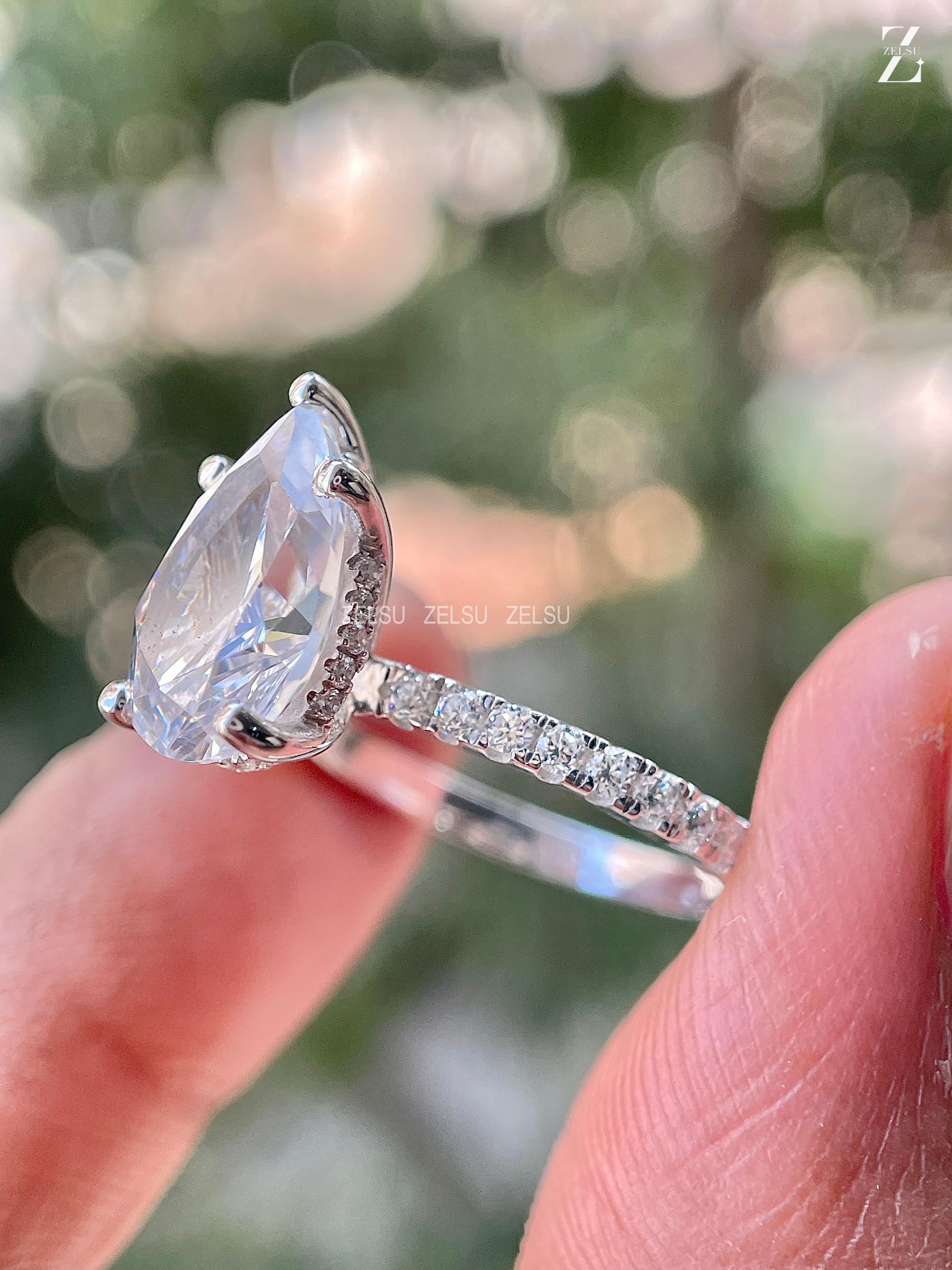 CIUFEWEK Rose Gold Plated Pink Crystal Water Drop Ring - Pear Shaped Halo Engagement Style, Size 8