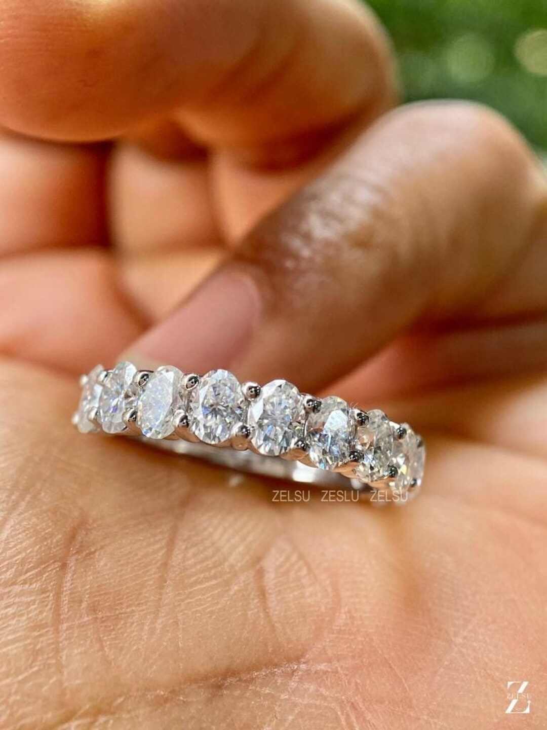 5x3 Mm Oval Cut Moissanite Half Eternity Band in 10K/14K/18K Gold ...