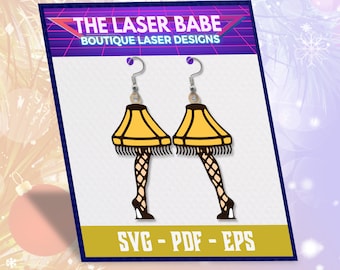 May include: A pair of dangle earrings featuring a yellow lampshade with legs and a black fishnet pattern. The earrings are labeled "SVG - PDF - EPS" and "GLOWFORGE READY - LEG LAMP DANGLES".