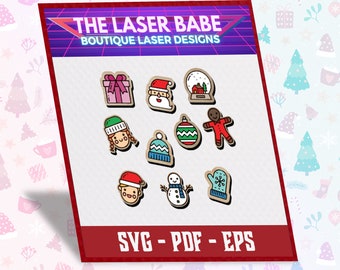 May include: A set of 10 Christmas-themed SVG, PDF, and EPS files for laser cutting. The designs include a gift box, Santa Claus, a snow globe, a gingerbread man, a Christmas ornament, a winter hat, a snowman, a mitten, a girl with a Santa hat, and a boy with a Santa hat. The text "THE LASER BABE BOUTIQUE LASER DESIGNS" and "SVG - PDF - EPS" are also included in the image. The text "GLOWFORGE READY - CHRISTMAS EARRING BUNDLE" is at the bottom of the image.