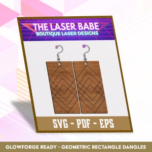 May include: A pair of wooden rectangle dangle earrings with a geometric design. The earrings are brown with black lines and are ready to be cut on a Glowforge.