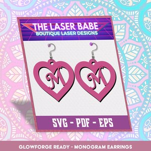 Monogram Heart Dangle Earrings &#39;M&#39; Initial: Laser Cut Jewelry Design (SVG PDF EPS)