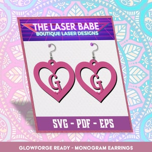Monogram Heart Dangle Earrings: &#39;G&#39; Initial, Laser Cut Design (SVG PDF EPS)