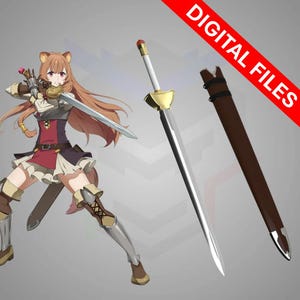 Puede incluir: Ilustración de un personaje de anime empuñando una espada plateada con una empuñadura dorada. También se muestra una segunda espada y una vaina. Las palabras "DIGITAL FILES" están impresas en rojo en diagonal en la esquina superior derecha.