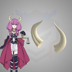 May include: A pink-haired anime character with horns, wearing a dark blue and purple dress with a pink cape, holding a golden scale. Two white horns are shown separately.