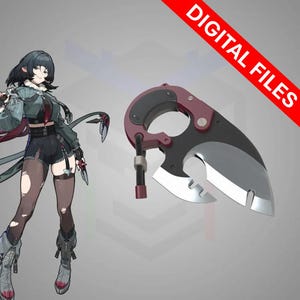 Puede incluir: Ilustración digital que presenta un personaje y un arma estilizada. El arma es una combinación de negro y burdeos con una hoja plateada. La imagen incluye el texto "DIGITAL FILES" en una pancarta roja.