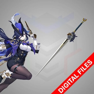May include: An illustration of a character in a dark blue and black outfit, holding a golden pistol and a long sword. The sword has a silver blade and a decorative hilt. The image has the text "DIGITAL FILES" in red.