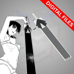 May include: Black and white manga-style illustration of a large sword with a white handle and a black blade. The sword is held by a person in a white top and underwear. The image has the text "DIGITAL FILES" in red.
