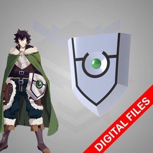 Puede incluir: Ilustración digital de un personaje de anime con un escudo. El escudo es blanco con un centro verde y borde negro. El personaje lleva armadura, una capa verde y pantalones oscuros. El texto "DIGITAL FILES" es visible.