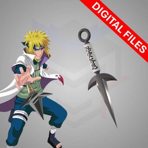 May include: An illustration of a character from an anime series, holding a kunai and a shuriken. The kunai is white with black text and a black ring. The shuriken is silver and black. The character is wearing a white coat, blue pants, and a green shirt.