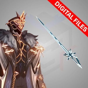 May include: Digital artwork featuring a character in a dark outfit with gold detailing, a feathered collar, and a decorative mask. A long, ornate sword with a blue blade is to the right. The image has a red banner that says "DIGITAL FILES".