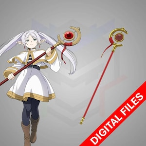 Puede incluir: Ilustración de estilo anime de un personaje con un báculo. El báculo es rojo con detalles dorados y una gema roja. El personaje viste un atuendo blanco y dorado. La imagen incluye el texto "DIGITAL FILES".