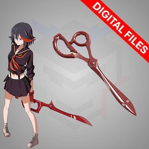 May include: A digital illustration features a character from an anime series, holding a red scissor blade and a large red scissor. The scissors have a unique design with curved handles and a long, pointed blade. The image includes the text "DIGITAL FILES".