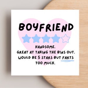 Funny boyfriend Valentines day birthday card | 4 star boyfriend card | funny card for boyfriend | Cheeky card for boyfriend| farts too much|