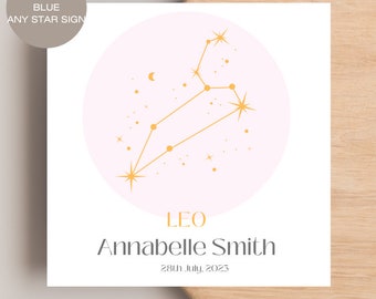 Star sign birth card, welcome to the world card, new baby personalised card, leo scorpio capricorn ANY STAR SIGN, Pink or Blue