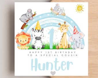 Personalised 1st 2nd 3rd birthday card for nephew cousin grandson son friend child, 1st birthday card for him, safari card safari theme