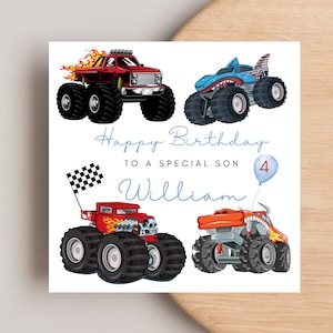 Monster Truck Birthday Card for Son Nephew Cousin Godson Grandson, Car Birthday Card, Boys personalised any age card