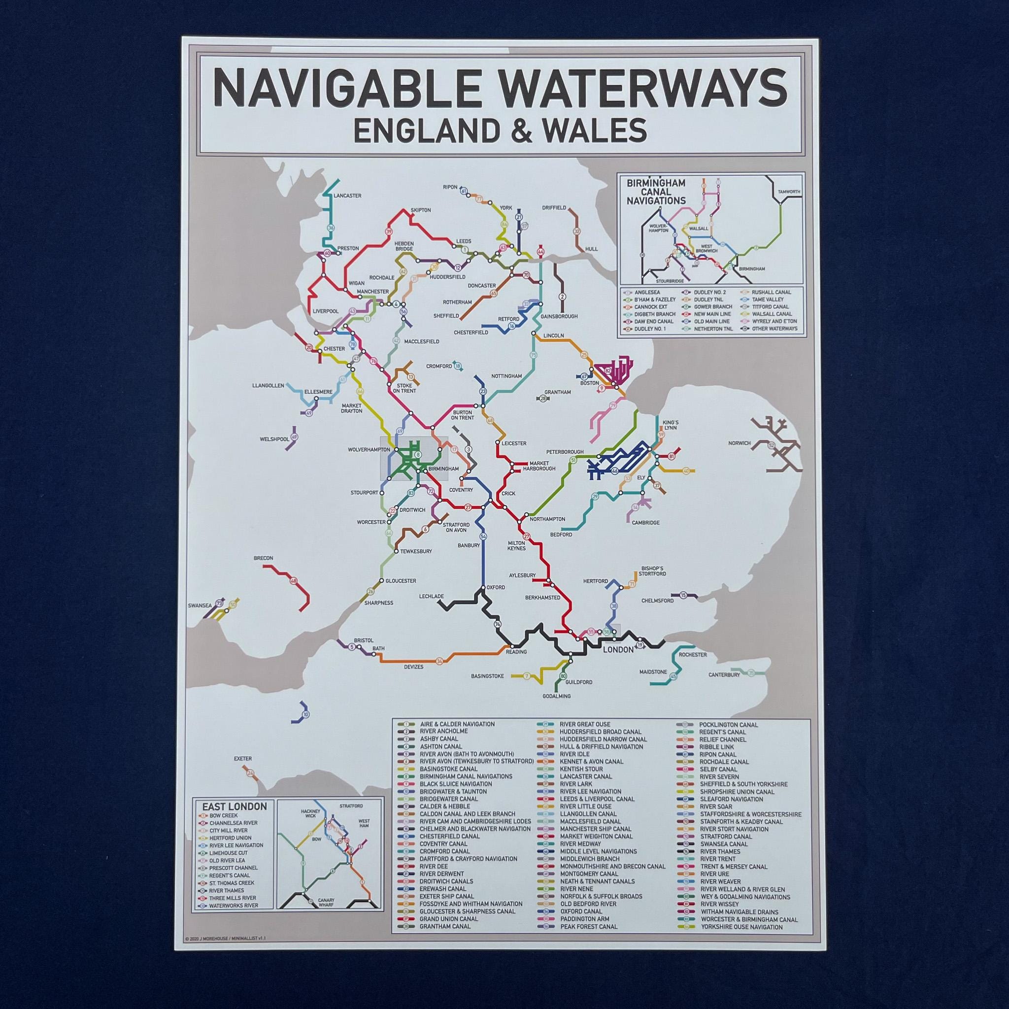 Navigable Waterways Map Print England & Wales Portrait A3 | London