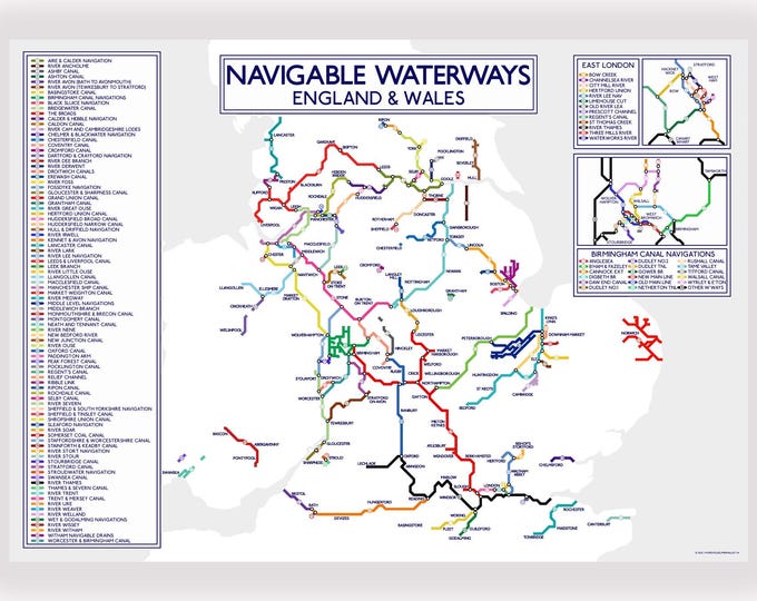 Navigable Waterways Map Print England & Wales Landscape A3 | London