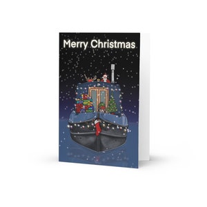 Narrowboat Christmas Card, Festive snowing canal scene Greetings Cards. Can be personalised.