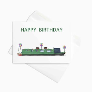 Narrowboat Birthday Card - Green Narrowboat with Colourful Bunting and Birthday Balloons - Can be Personalised