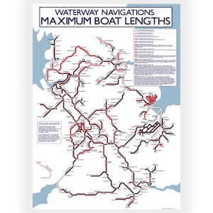 May include: A poster displaying a waterway navigation map with the title "WATERWAY NAVIGATIONS MAXIMUM BOAT LENGTHS". The map features red and black lines representing waterways, with location labels.