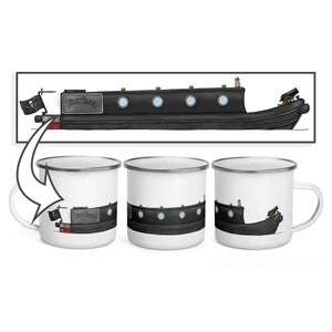 May include: Three white enamel mugs with a black and white image of a narrowboat with the text "Jolly Roger" on the side. The boat has four portholes and a cannon on the back.