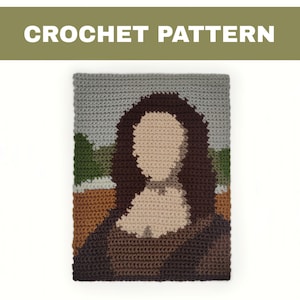 Op de afbeelding: Haakpatroon van de Mona Lisa, met een kleurenschema in bruin, beige en groen. Het patroon wordt gewerkt in vaste steken.