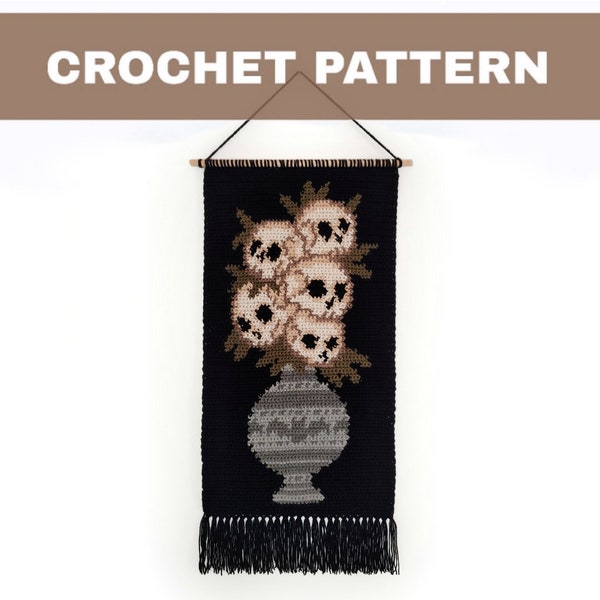 Wzór szydełkowy PDF | Dekoracja ścienna | Sztuka ścienna | Malowanie włóczką z wełny | Gobelin Bukiet czaszek | Wystrój domu | Gotycka sztuka czaszek | Nietoperze