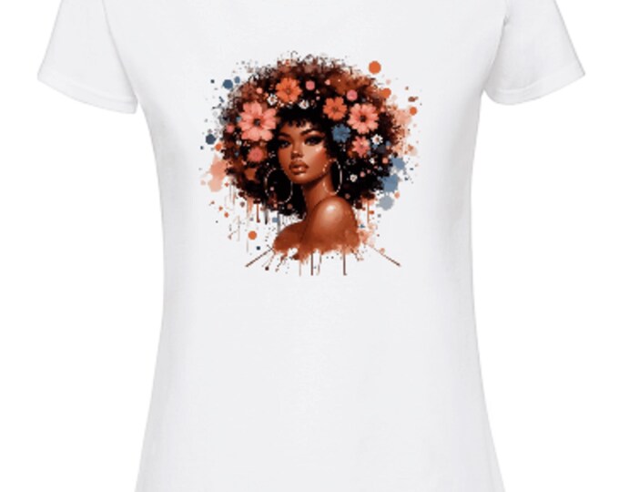 Afro Woman Floral Print T-shirt, Graffiti Street Art Style