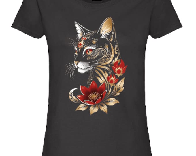 Cat graphic T-shirt for women, abstract cat with flowers print