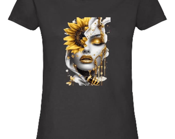 Black Cotton T-Shirt, Abstract Woman with Sunflower Art Tee