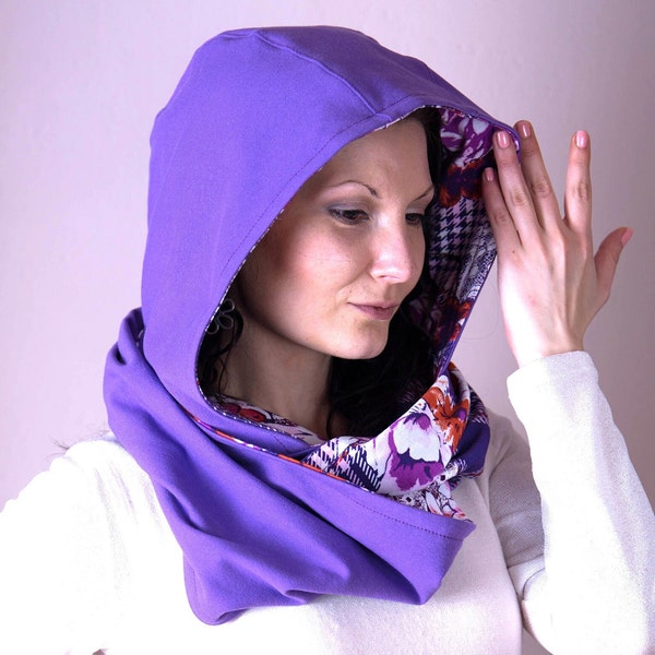 Hooded scarf Purple infinity scarf Hooded shawl Winter scarf women Jersey scoodie Hoodie scarf Nomad hood cowl Floral hood wrap Head scarf