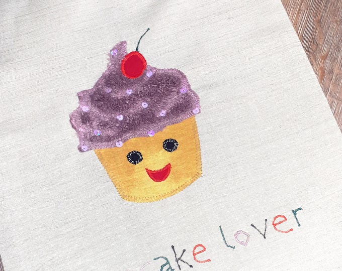 Handmade Cupcake Applique Tote Bag: Funny Linen Shopping Bag